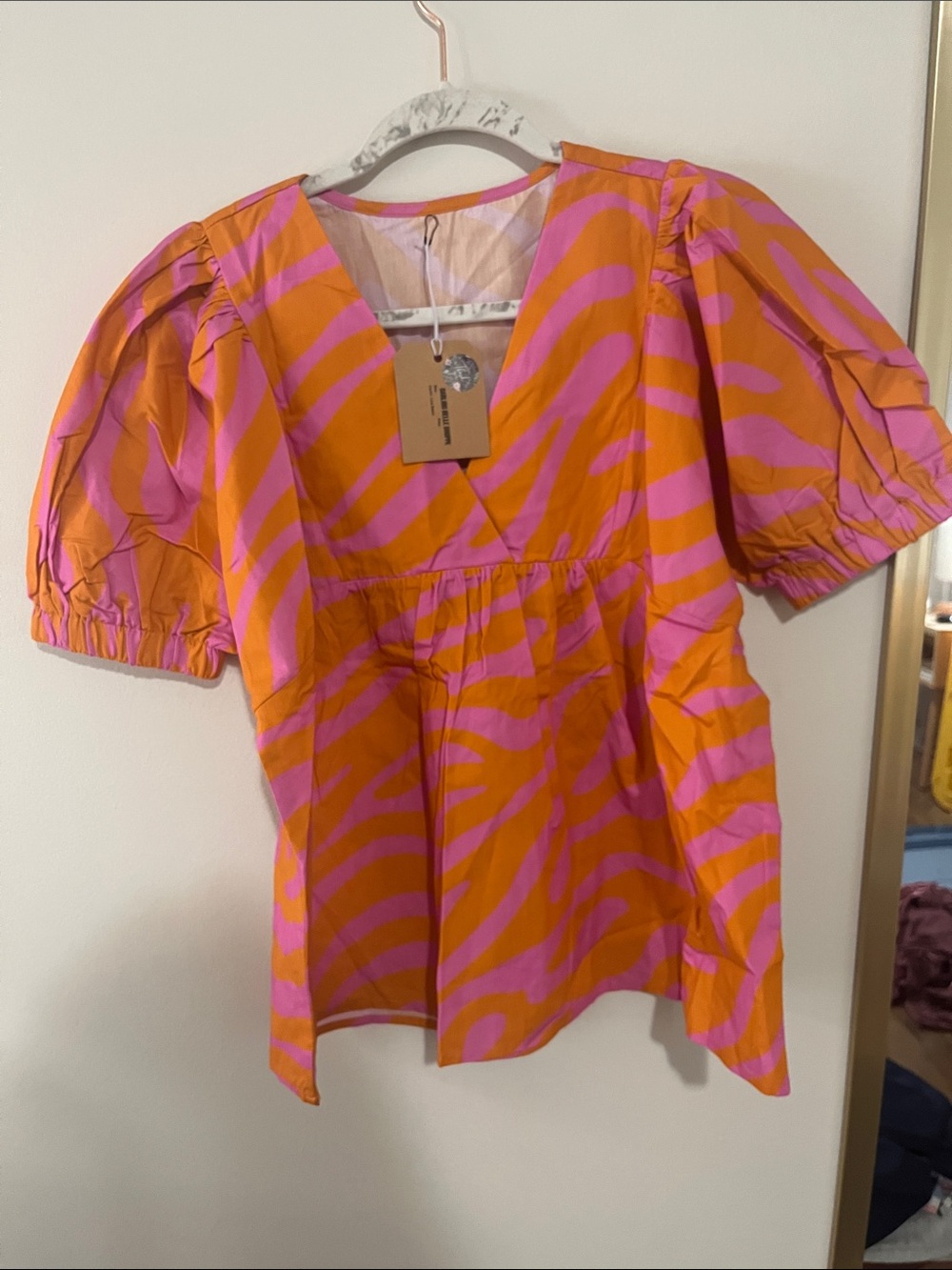 Striped V-Neck Puff Sleeve Top in Orange & Pink